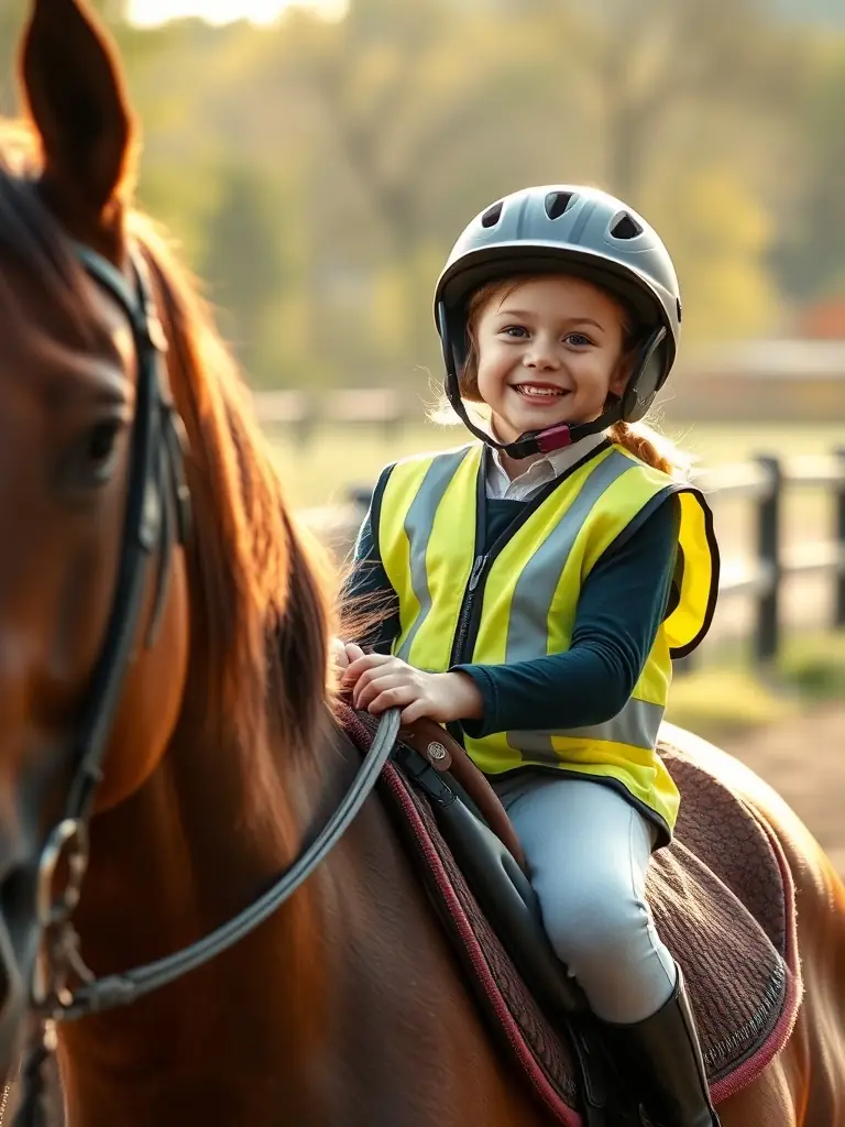A young girl with a disability smiles brightly as she confidently rides a horse with the assistance of a trainer at LA BIDAUDERIE EQUITATION, showcasing the inclusive nature of the equestrian programs.