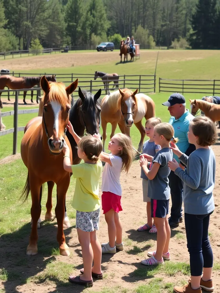 A group of children from a local school learn about horse care and grooming during an educational program at LA BIDAUDERIE EQUITATION, emphasizing the organization's commitment to youth education.