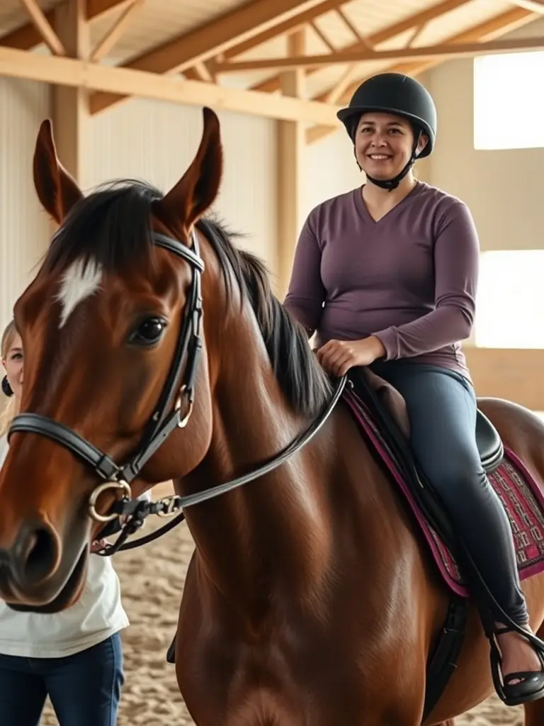 A person with a disability experiencing a therapeutic riding session, demonstrating the emotional well-being benefits of LA BIDAUDERIE EQUITATION's activities.