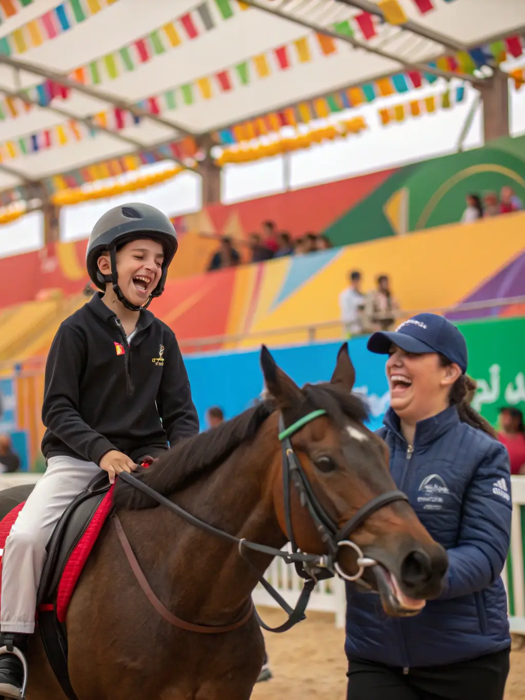 A young girl with a disability smiling confidently while riding a horse, supported by an instructor, in an inclusive equestrian program at LA BIDAUDERIE EQUITATION.
