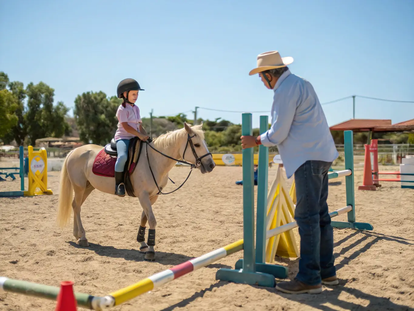 A group of children participating in a therapeutic riding session, guided by instructors, with horses in a safe, enclosed arena at LA BIDAUDERIE EQUITATION.
