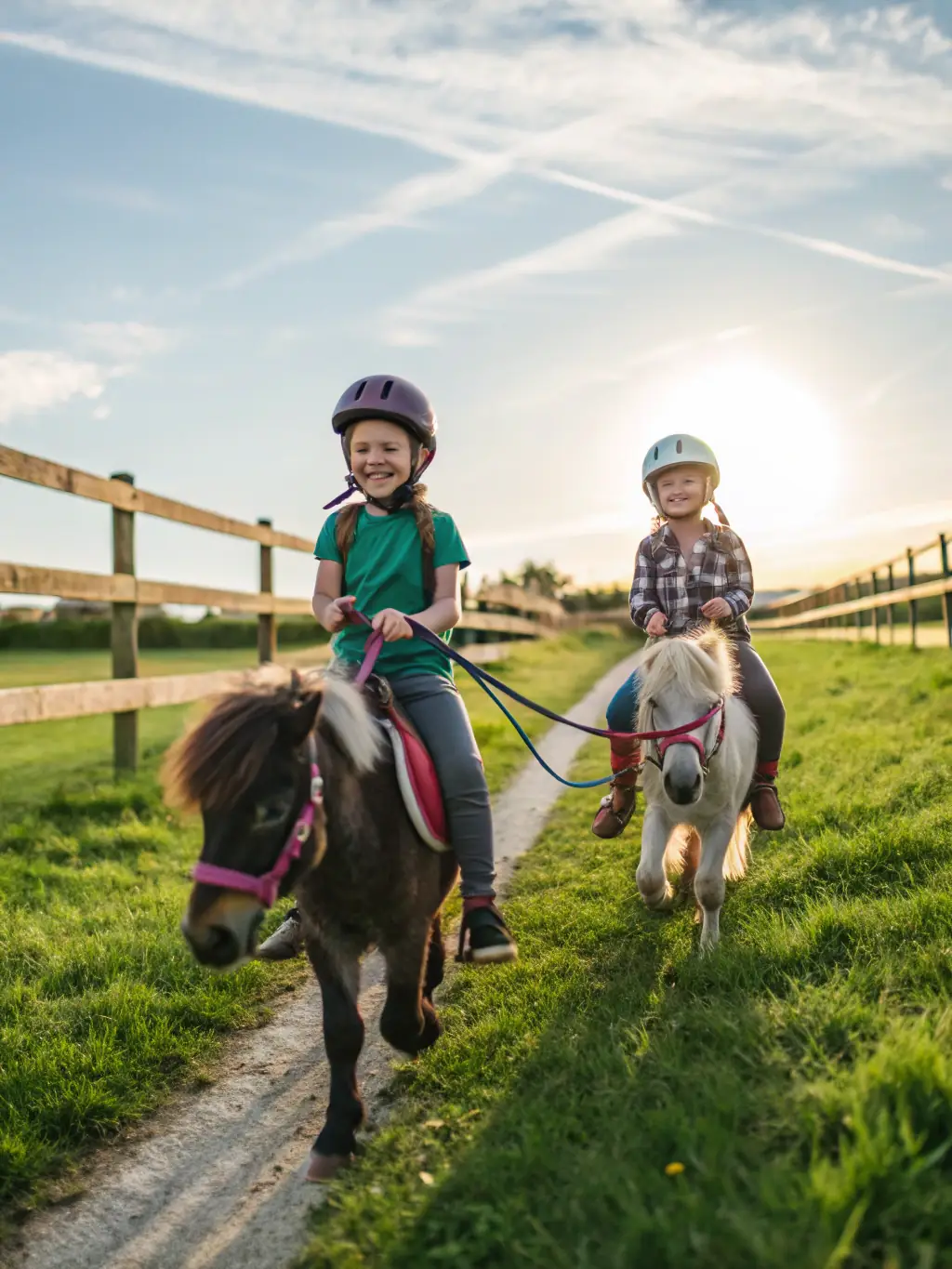 A group of children learning basic horse riding skills in an outdoor arena at La Bidauderie Equitation, with instructors guiding them and ensuring their safety.