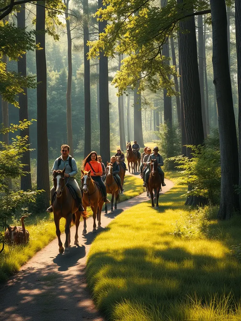 Participants of all ages engaging in a recreational horseback riding activity through scenic trails, showcasing the joy and freedom of equestrian sports at LA BIDAUDERIE EQUITATION.