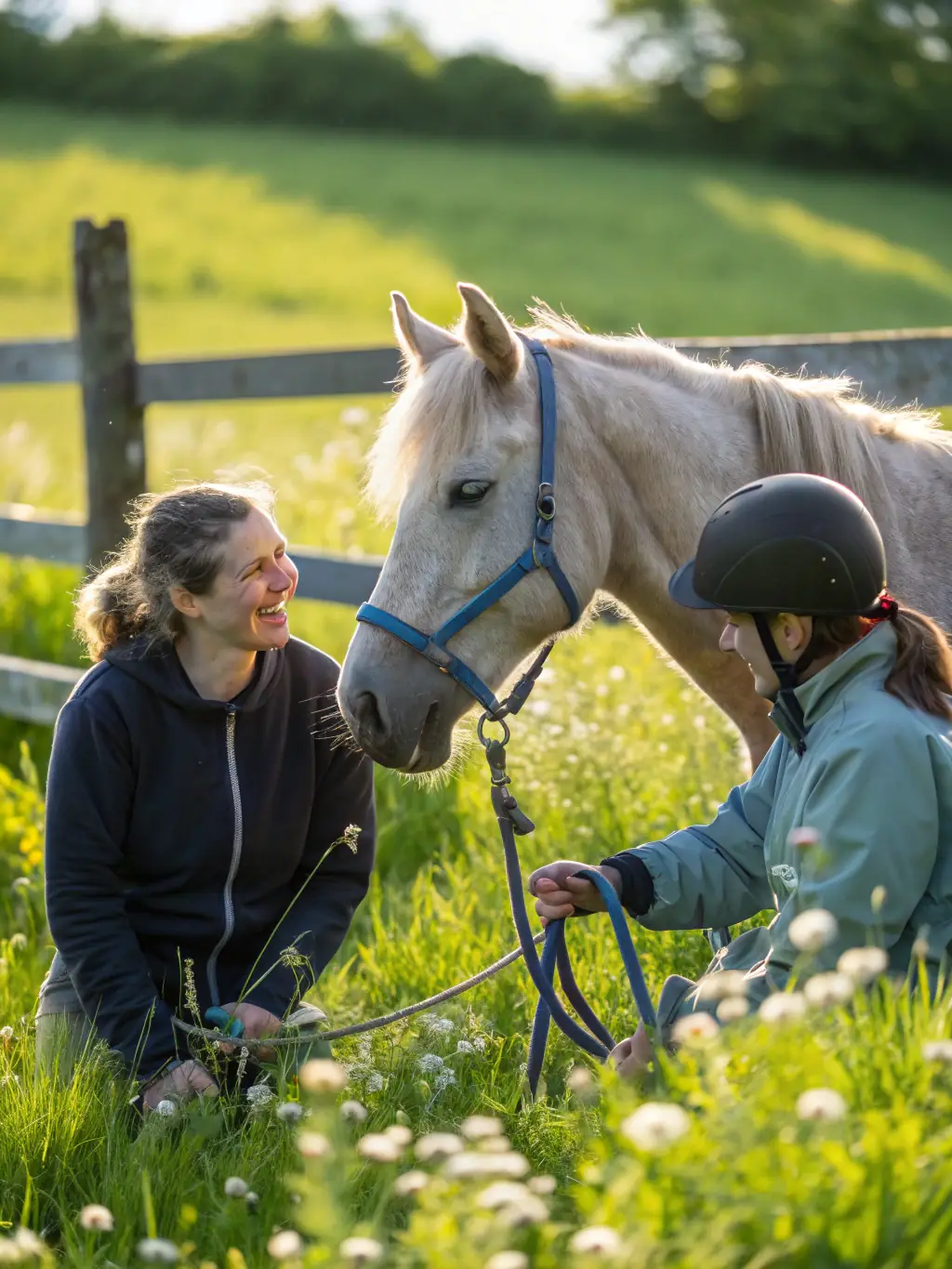 A person with a disability participating in a therapeutic riding session at La Bidauderie Equitation, with a therapist and horse handler assisting them.