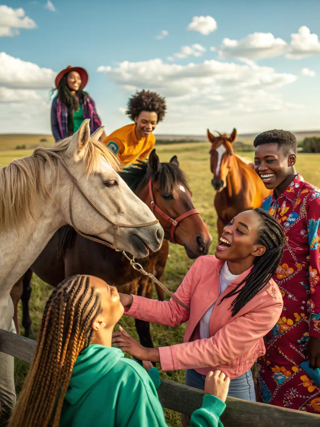 A diverse group participating in a team-building equestrian activity, highlighting the social and collaborative aspects of the programs at LA BIDAUDERIE EQUITATION.