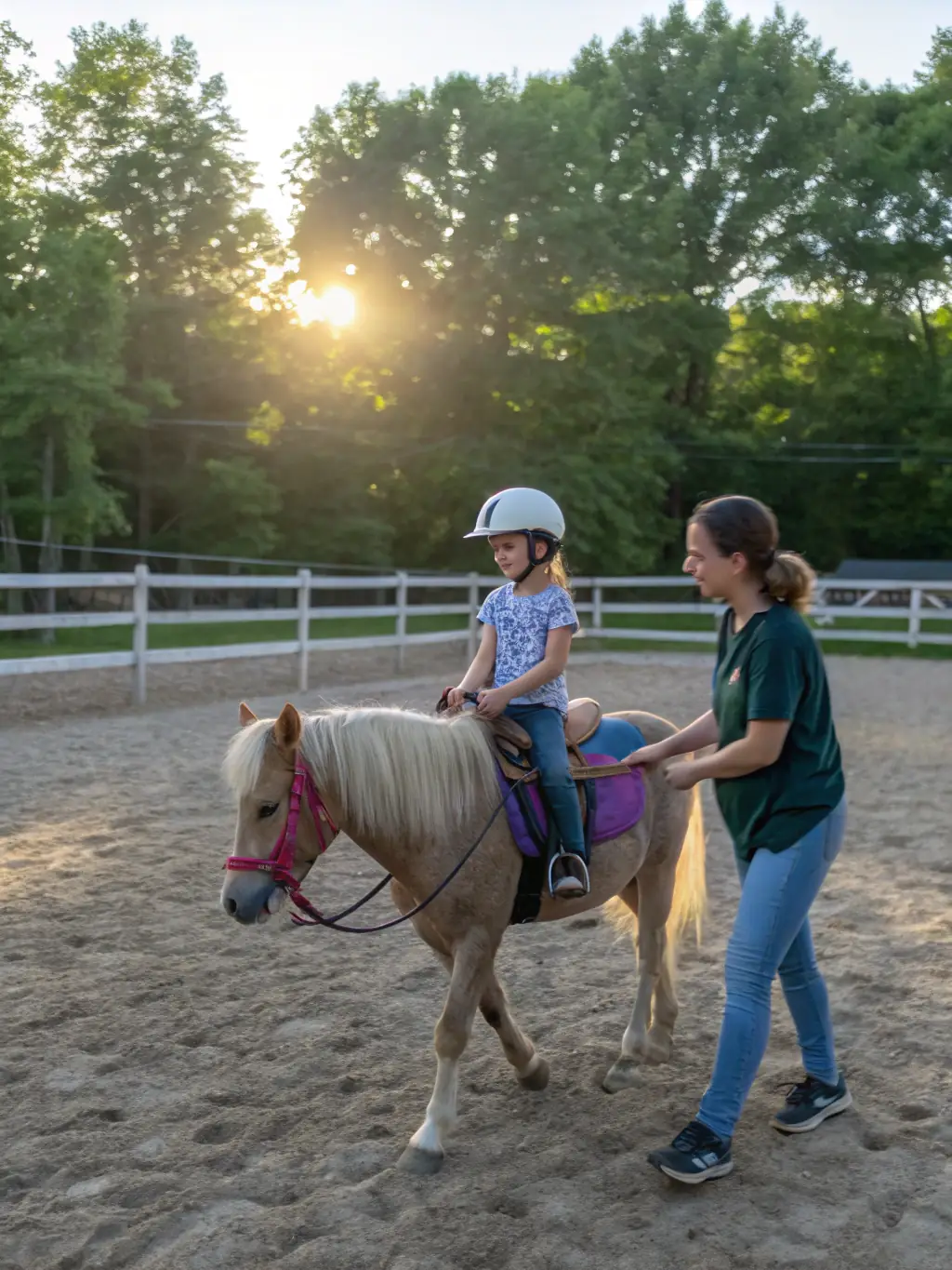 A young girl with a disability smiling while riding a horse, supported by an instructor, in an inclusive equestrian program at LA BIDAUDERIE EQUITATION.