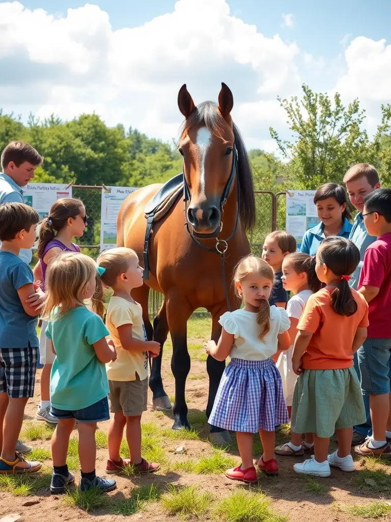 A group of children learning basic horse care skills, such as grooming and feeding, as part of an educational program at LA BIDAUDERIE EQUITATION.