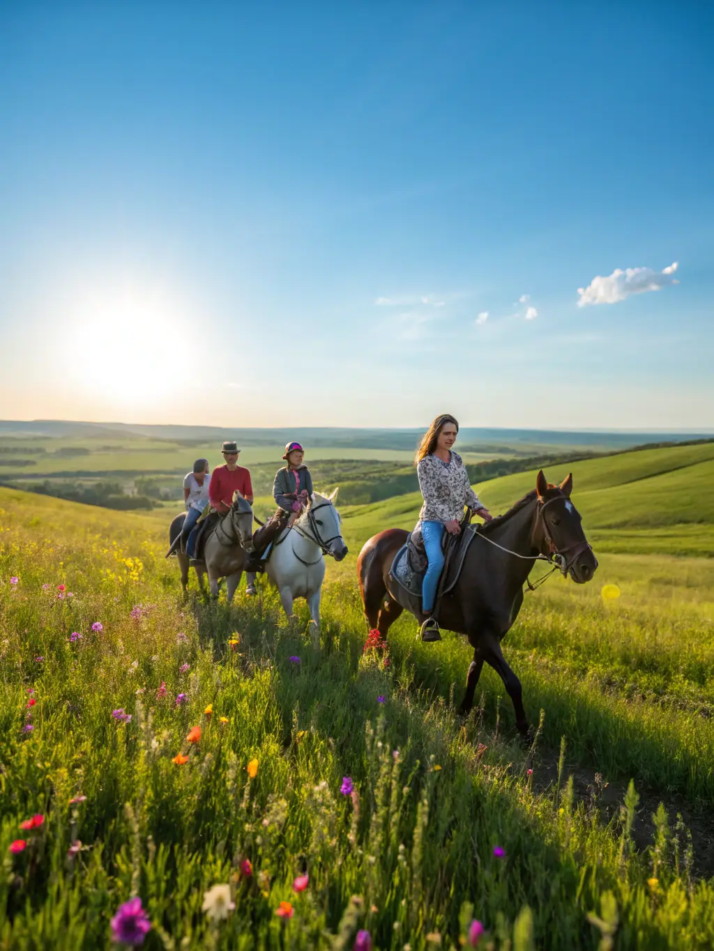 A group of adults enjoying a leisurely horseback ride through the scenic countryside surrounding La Bidauderie Equitation, showcasing the recreational aspect of equestrian activities.