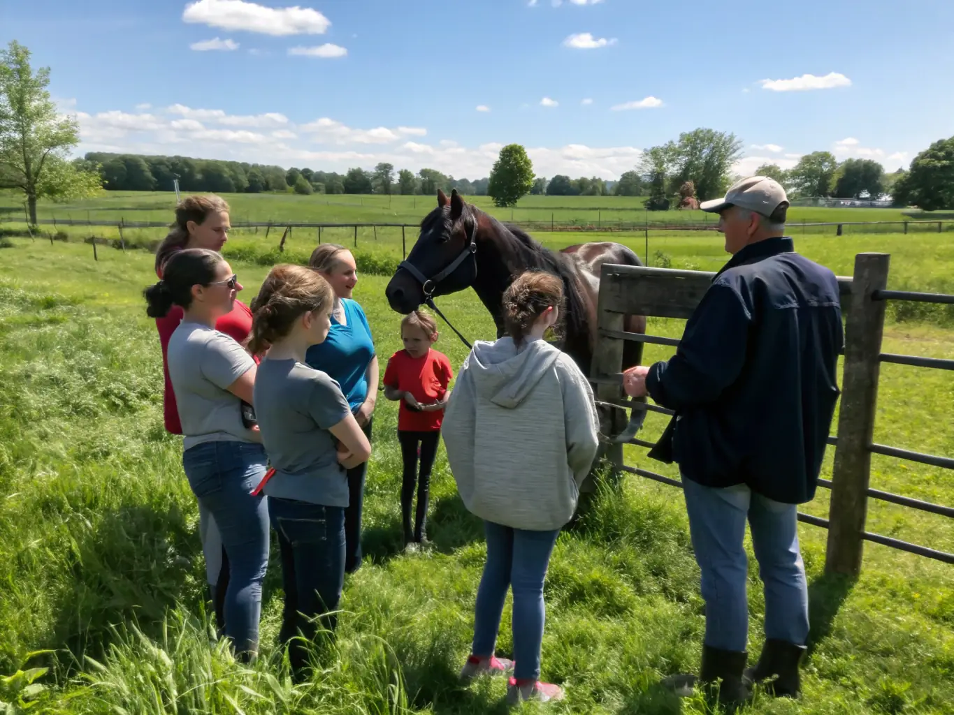 A class of schoolchildren learning about horse care and stable management at LA BIDAUDERIE EQUITATION, with instructors demonstrating grooming techniques.