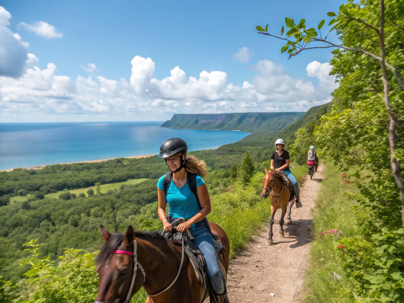 Participants of all ages enjoying a leisurely horseback ride through the scenic trails surrounding LA BIDAUDERIE EQUITATION, led by experienced guides.